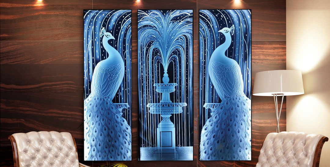 glass etched etching illuminated led carved lights carving peacocks frame face display using becomes spectacular krystalglasscompany clear feature recessed services